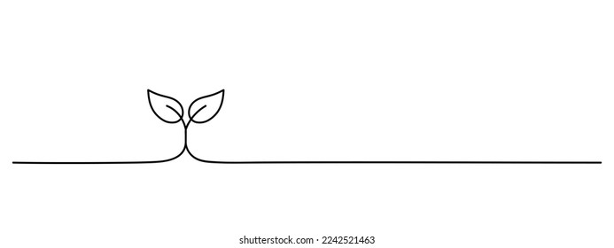 growing plant one line art, two leaves lineart, black line vector illustration, horizontal design element