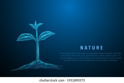 brote de plantas en crecimiento. Concepto de biotecnología. Diseño de bajo estilo polaco. Fondo geométrico azul abstracto. Estructura de conexión de la luz del bastidor acústico. Ilustración vectorial aislada moderna 3d