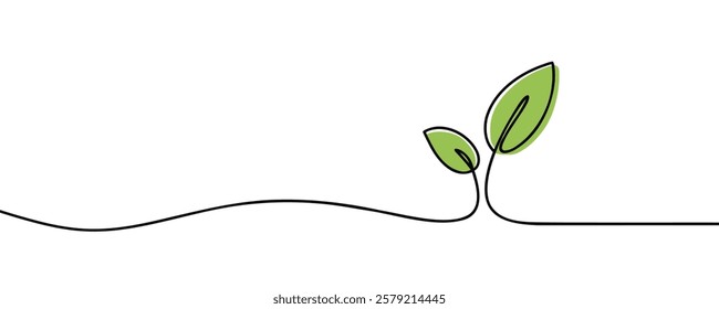 Growing plant, sprout leaves in one continuous line drawing. Creative concept of renewable green energy and environmental friendly sources. Doodle vector illustration