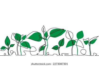 Growing Plants. Background with seedling.  Seamless Pattern that repeating horizontally. Continuous line drawing style of green sprouts. Vector illustration. - Shutterstock ID 2273087301