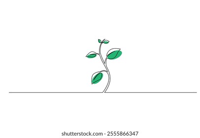 Growing Plants. Background with seedling. Seamless Pattern that repeating horizontally, Single line drawing of a small plant, Groth plant tree  continuous one line drawing of  Isolated outline vector.