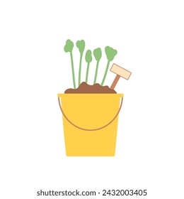 Growing plants in bucket. Gardening element isolated on white background. Spring horticulture. Sapling and seeding. Vector flat illustration.