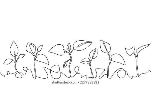 Plantas en crecimiento con fase vacía para texto. Fondo con plántulas.  Patrón sin foco con brotes verdes. Ilustración vectorial.