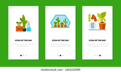 Growing plants flat icon set. Houseplant, cacti, gmo isolated sign pack. Experiment, botany, hobby concept. Vector illustration symbol elements for web design