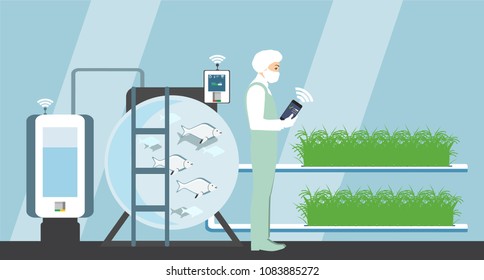 Growing plants in the greenhouse. Smart farm with wireless control. Eco farm with aquaponics system of planting vegetables. Vector illustration.