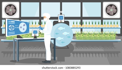 Growing plants in the greenhouse. Smart farm with wireless control. Eco farm with aquaponics system of planting vegetables. Vector illustration.