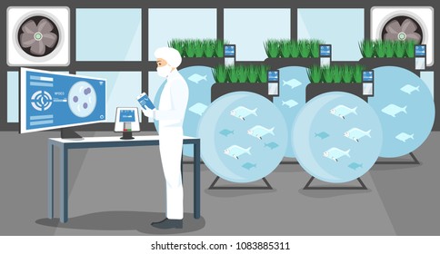 Growing plants in the greenhouse. Smart farm with wireless control. Eco farm with aquaponics system of planting vegetables. Vector illustration.