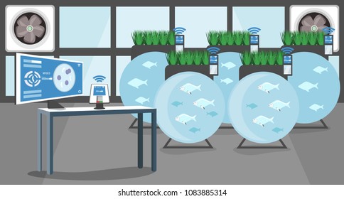 Growing plants in the greenhouse. Smart farm with wireless control. Eco farm with aquaponics system of planting vegetables. Vector illustration.