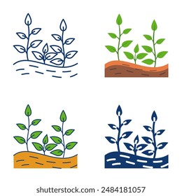 Growing plants in the ground icon set in flat and line style. Keep soil covered, soil armor. Vector illustration.