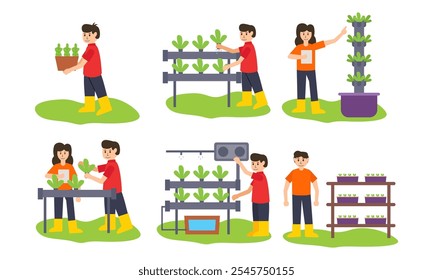 Cultivo de plantas en laboratorio de acuicultura. Hidroponía, aeroponía, acuaponía. Concepto de granja inteligente. Conjunto de Ilustraciones vectoriales de dibujos animados con personajes de ficción. Ilustración vectorial