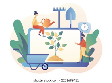 Growing plants online. Gardening concept. Gardening equipment planting tree. Country life. Modern flat cartoon style. Vector illustration on white background
