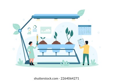 Growing plants in science laboratory vector illustration. Cartoon tiny people research nature, eco agronomy and biology, engineers grow green sprouts in soil with smart lab cultivation equipment