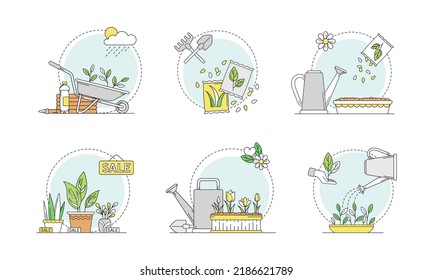 Growing plants set. Sowing seeds and ground processing. Agriculture, farming and gardening, vector illustration