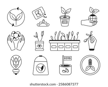 Growing plants, a set of vector linear icons. The set includes plants, sprouts, ecological emblems, Green energy, planet Earth, Symbol of recycling, Seedlings. Biotechnologies, environmental