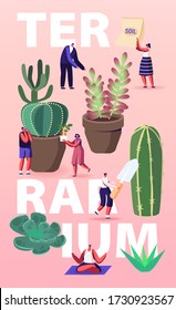 Growing Plants in Terrarium Concept. Tiny Male and Female Characters Grow Cacti and Succulents in Pots at Home, Gardening, Planting Hobby Poster Banner Flyer. Cartoon People Vector Illustration