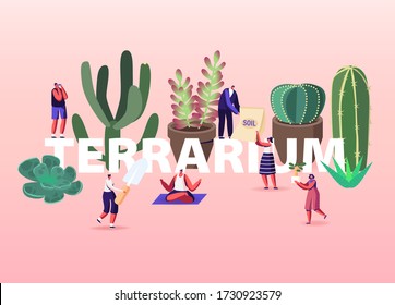 Growing Plants in Terrarium Concept. Tiny Male and Female Characters Grow Cacti and Succulents in Pots at Home, Gardening, Planting Hobby Poster Banner Flyer. Cartoon People Vector Illustration