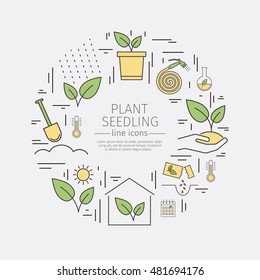 Growing plants web banner. Advertising template. Flat icons. Vector illustration.