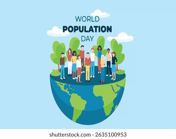 Crescente conceito de população - Terra cercada por pessoas Silhuetas - Crescimento da cidade e população urbana - Ilustração do Dia Mundial da População - Conceito de sobrecarga populacional - Planeta lotado Earth Vetor
