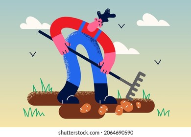 Growing potato and farming concept. Young positive man farmer with shovel standing digging ground growing and picking potato harvest vector illustration 