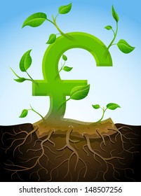 Growing pound sterling symbol like plant with leaves and roots. Stylized plant in shape of pound sign in ground. Qualitative vector picture for banking, financial industry, economy, accounting, etc