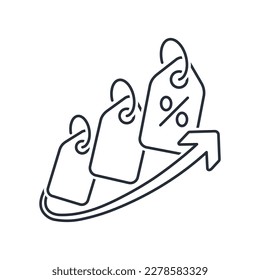 Coste creciente. Aumento de precios. Icono lineal del vector aislado en fondo blanco