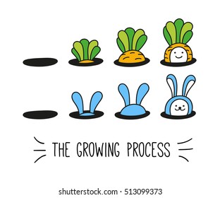 The growing process. Bunny rabbit and baby carrot growth. Children vector illustration. Cute character design and graphic elements for kids. Cartoon hand drawn style.
