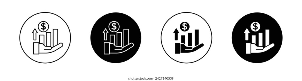 Growing Profit Icon Set. Increase and revenue vector symbol in a black filled and outlined style. Ascending Success Sign.