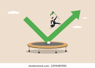 Growing profit or leadership and achievement concept, overcoming business downturn, businessman jumping high on trampoline with green rising performance arrow graph.