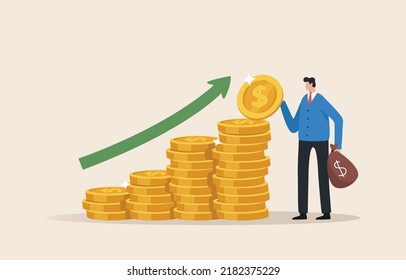 Growing profits from doing business or investing in stocks. an increase in income. Compound interest yield. Long term investing. Businessman  put more dollar coin money to increase his savings.