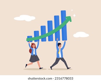 Growing or progress concept. Business growth, improvement or progress to success, team planning and strategy to achieve success, business people employees help carrying growing graph together.