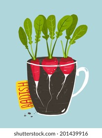 Growing Radish with Green Leafy Top in Pot. Root vegetable container gardening illustration. Layered vector EPS8