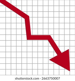 Flecha Roja creciente hacia abajo. Concepto de icono de símbolo de ventas moviéndose hacia abajo Signo de gráfico de crecimiento. Estadística de indicación de flecha flexible. Infografía comercial. Ilustración vectorial de flecha de beneficio.