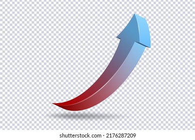 Growing Red Blue Arrow up. Growth chart sign. Flexible arrow indication statistic. Сurve arrow of trend on transparent. Trading stock news impulses. Trade infographic. Realistic 3d vector design