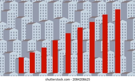 Growing red business graph chart on Residential building background. Real estate. Interest rate. Renting flat. Sale and rental apartments. City. Property Price concept. Finance and Economy. Inflation.
