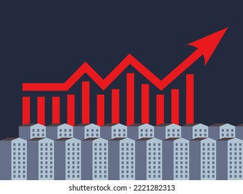 Growing red business graph chart with arrow on residential building. Real estate. Interest rate. Renting flat. Sale and rental apartments. Property Price concept. Inflation. House. Housing development