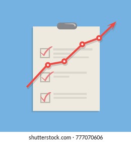 Growing red graph on marked list background. Flat vector isolated illustration on blue background. Icon. Symbol. Infographics.
