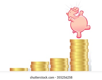 Growing Savings-Piggy Bank reaching its goals, expressing financial freedom.