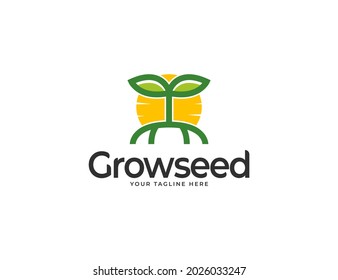 Logotipo de semilla en crecimiento con sol e ilustración de hojas