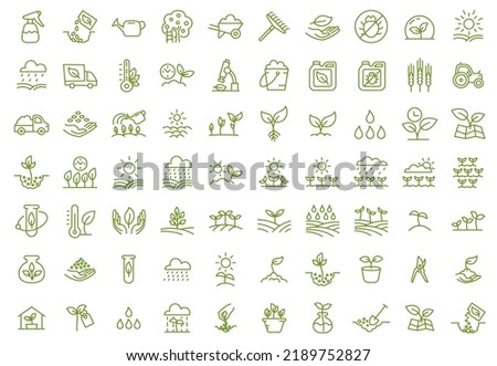 Growing seedlings. Set of icons. Plant shoots. Agriculture and gardener. Sowing seeds. Vector editable outline stroke.