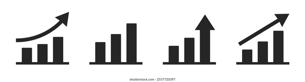 Growing simple flat black bar chart vector icon collection. Business graphs symbols with arrows for statistics, analytics, progress, financial growth, or data increase concepts. Vector illustration