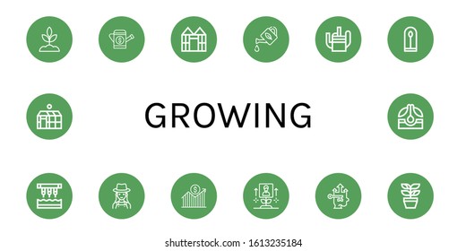growing simple icons set. Contains such icons as Sprout, Watering can, Greenhouse, Plant, Seeder, Gardener, Growth, Seed, can be used for web, mobile and logo