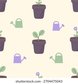 Growing slowly botanical seamless pattern. Vector flat design of potted plants in different growth stages. Mental health background for wellness concepts, healing journey, or eco packaging.