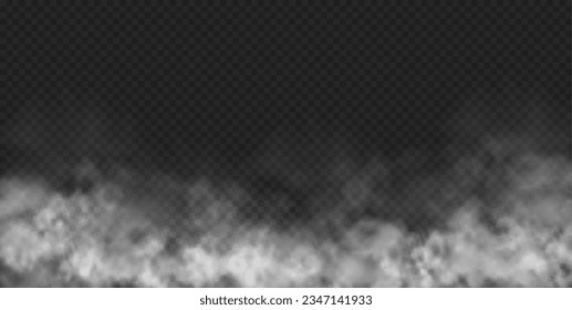 Growing smoky fog, mist or vapour from groud, realistic illustration. Cloud or stream effect, halloween scene decoration and spooky atmosphere, clubs of fluffy dramatic smoke or haze