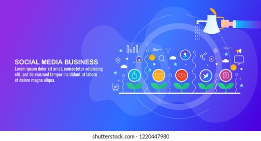 Growing social media business - Social media marketing concept - flat vector banner with icons and texts
