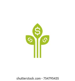 Growing Sprout With Green Leaves And Dollar Sign. Vector Icon. Income Growth Flat Icon. Isolated On White. Economy, Finance, Money Symbol. Currency Pictogram. 