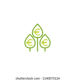 Growing sprout with green leaves and euro sign. vector icon. Income growth flat icon. Isolated on white. Economy, finance, money symbol. Currency pictogram. 