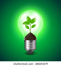 Growing sprout inside the light bulb, environment concept vector background