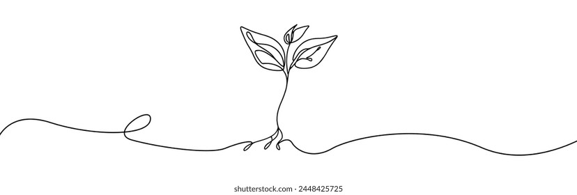 Growing sprout one line art .Vector silhouette of growing plant. Hand drawn leaf. Growing sprout plant continuous line .Plant with roots single line.