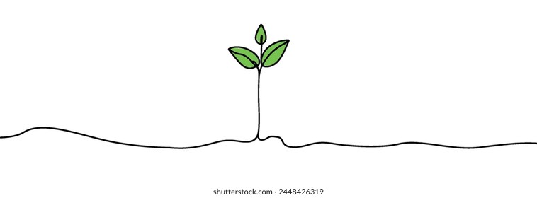 Growing sprout one line art .Vector silhouette of growing green plant. Hand drawn green leaf. Growing sprout plant continuous line .Plant with roots single line.