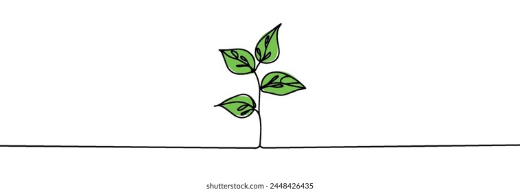 Growing sprout one line art .Vector silhouette of growing green plant. Hand drawn green leaf. Growing sprout plant continuous line .Plant with roots single line.